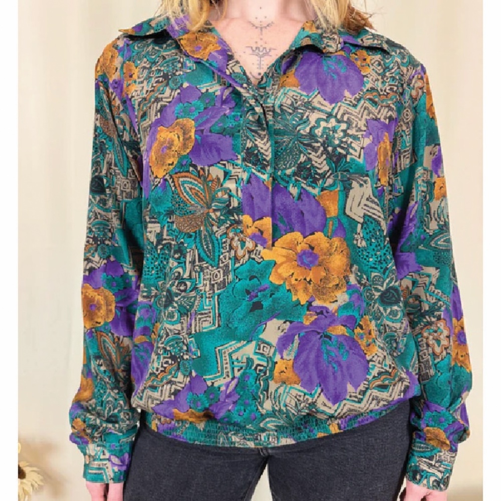 ALFRED DUNNER Vintage Colorful Floral Print 1/5  Button Down Blouse Size 16